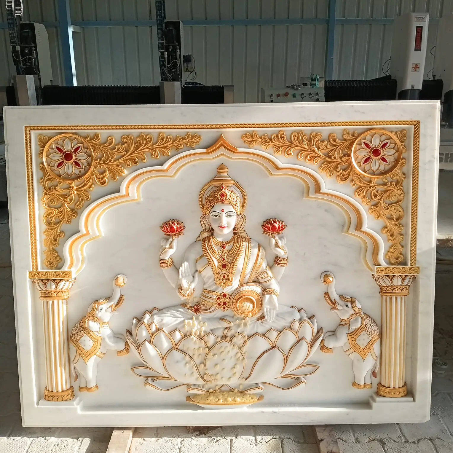 Lakshmi Mata 75mm Indian marble stone mural with lotus, elephants and golden carving for luxury home mandir by EarthStona